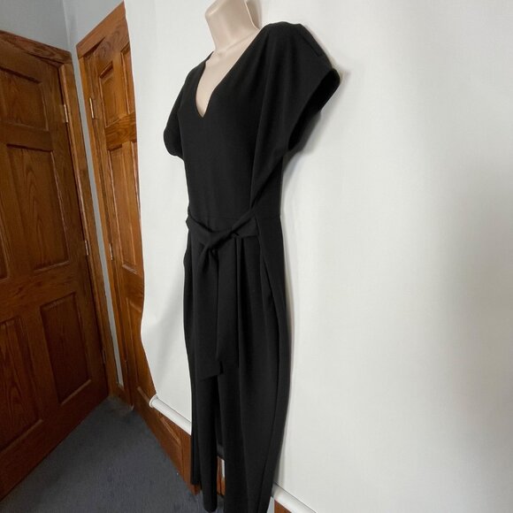 Express Womens Pitch Black V-Neck Jumpsuit Tie Waist SS Elegant $98 NEW Classic - Picture 4 of 10